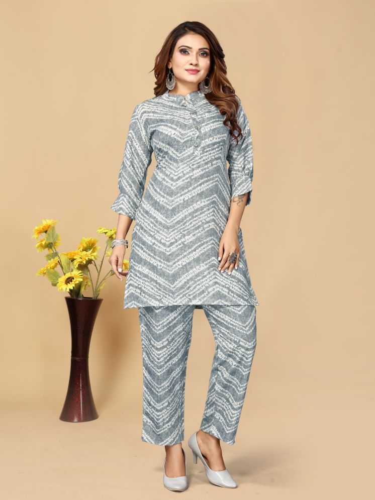     			Women Basket Cotton Blend Printed Kurti With Pants Women's Stitched Salwar Suit - Grey ( Pack of 1 )