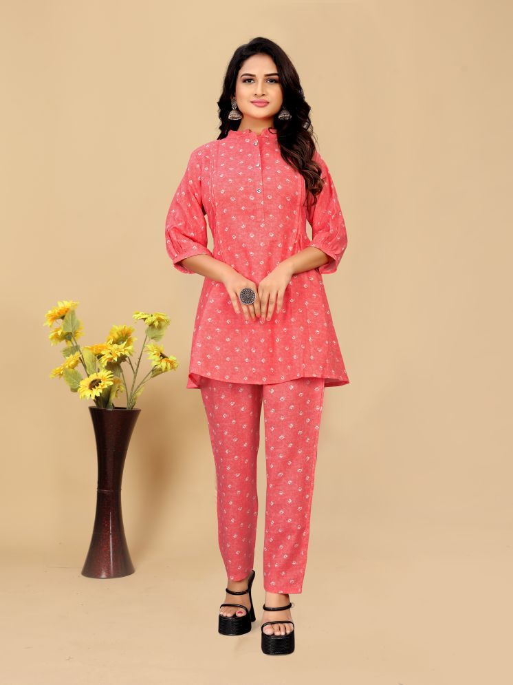     			Women Basket Cotton Blend Printed Kurti With Pants Women's Stitched Salwar Suit - Pink ( Pack of 1 )