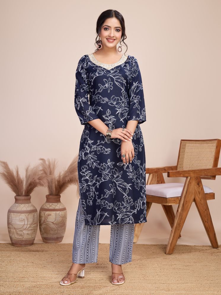     			Women Basket Cotton Blend Printed Kurti With Pants Women's Stitched Salwar Suit - Blue ( Pack of 1 )