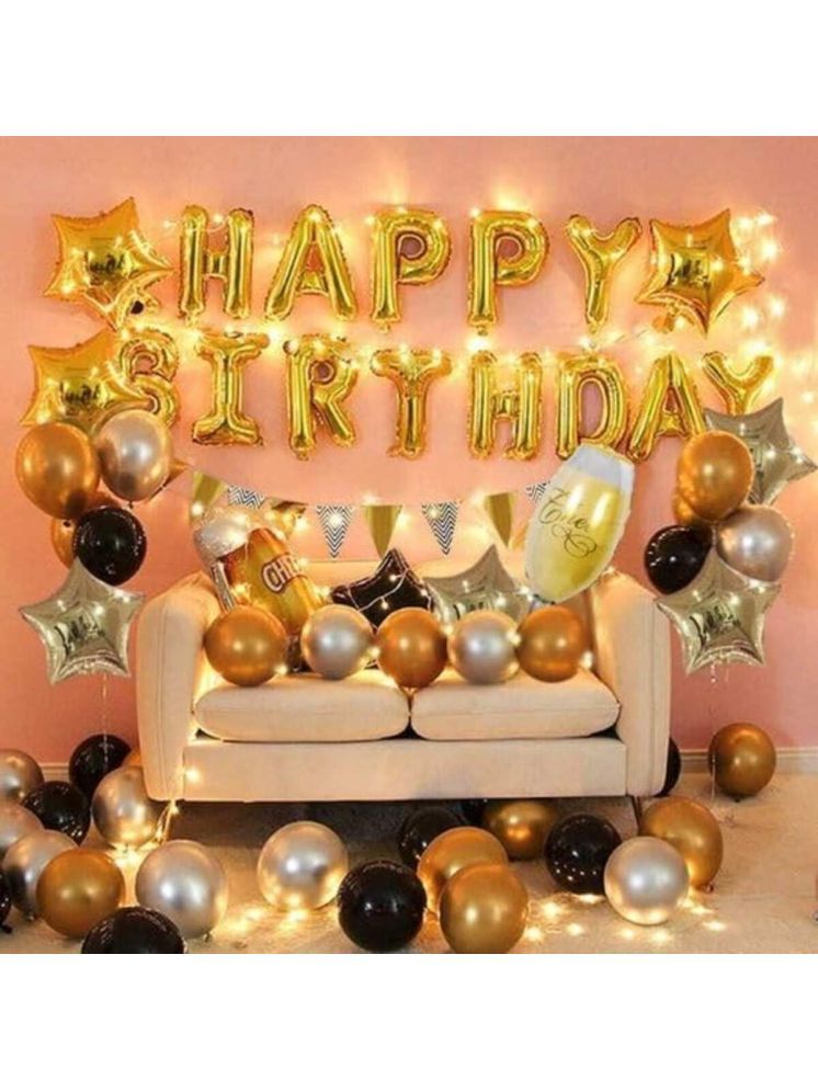     			PartyBooms Happy Birthday Gold Foil Decoration, 3 Gold Stars Foil 4 Silver Stars Foil 1 Set Champenge & Glass 10 Each Gold, Black Silver Metallic Balloon Pack of 39