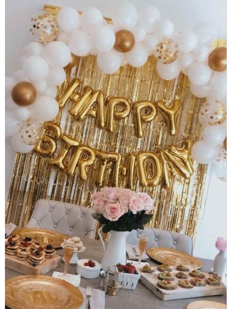     			PartyBooms Happy Birthday Gold Foil Decoration, 2 Gold Curtain 30 White Metalic 5 Gold Matellic Balloons, & 5 Confetti Balloons Pack of 43