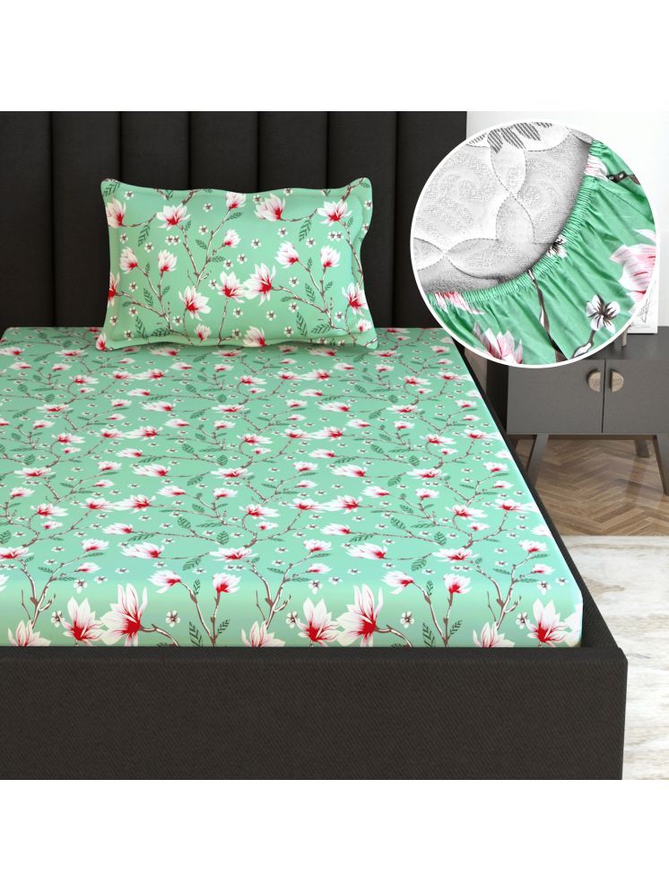     			DIVINE CASA Cotton Floral Fitted Fitted bedsheet with 1 Pillow cover ( Single Bed ) - Green