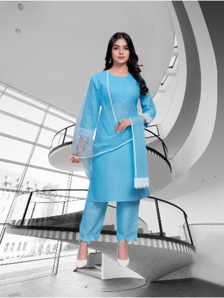     			M Enterprise Cotton Self Design Kurti With Pants Women's Stitched Salwar Suit - Light Blue ( Pack of 1 )