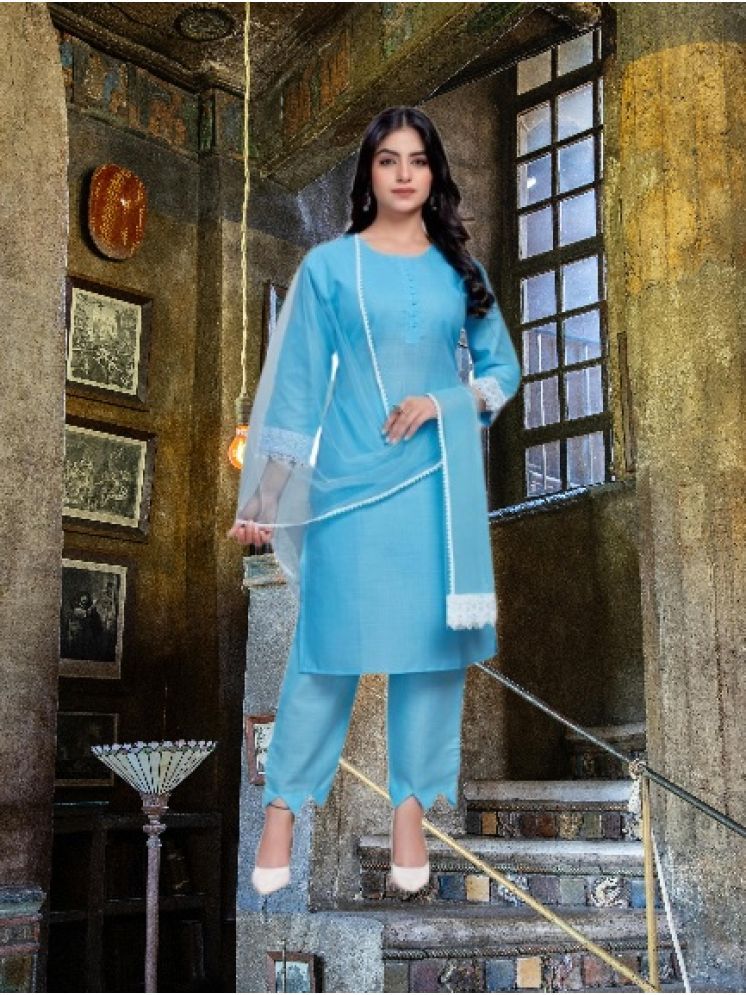     			M Enterprise Cotton Self Design Kurti With Pants Women's Stitched Salwar Suit - Light Blue ( Pack of 1 )