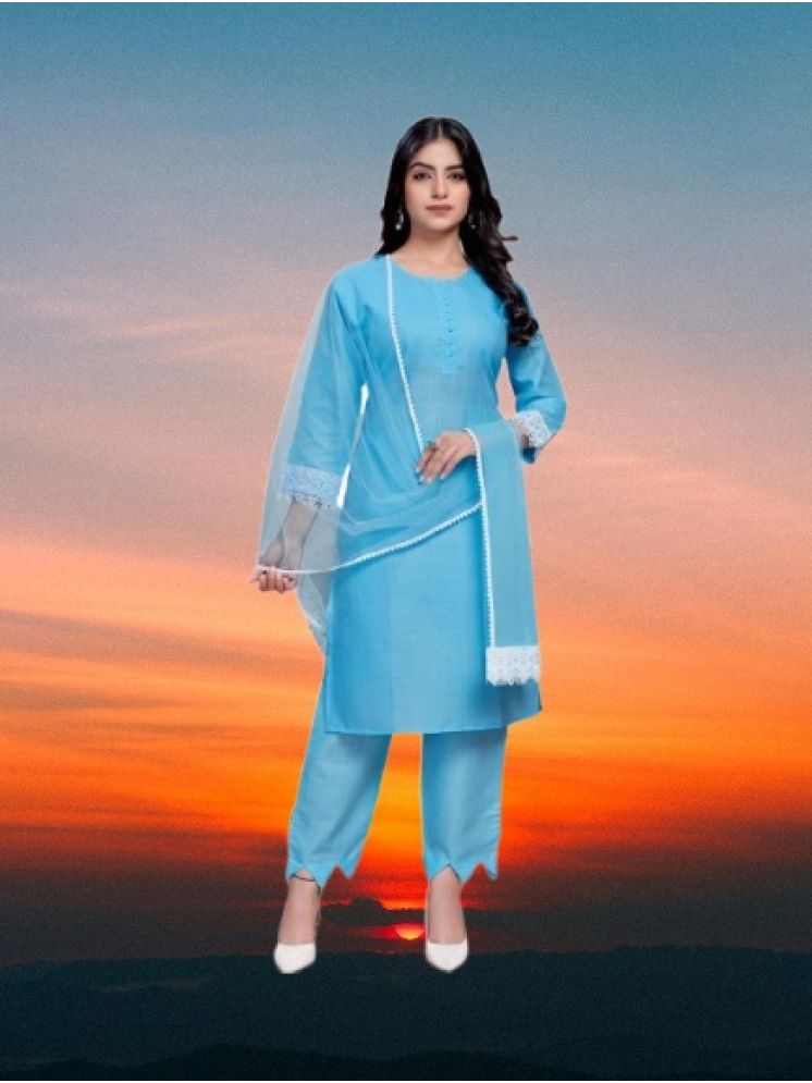     			M Enterprise Cotton Self Design Kurti With Pants Women's Stitched Salwar Suit - Light Blue ( Pack of 1 )