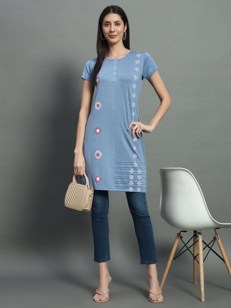     			BELLAFINO Pack of 1 Cotton Blend Printed Straight Women's Kurti - ( Blue )