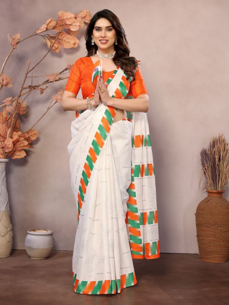     			BLEESBURY Pack of 1 Cotton Printed Saree With Blouse Piece ( White )