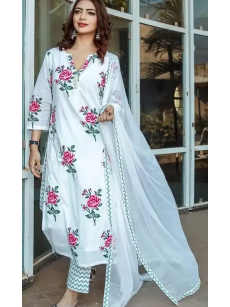     			Fargin Rayon Printed Kurti With Pants Women's Stitched Salwar Suit - White ( Pack of 3 )