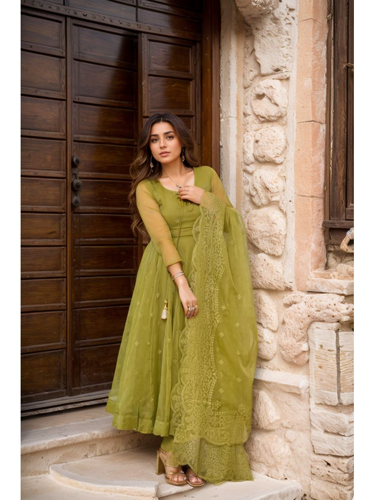     			GREEN FLOWER Organza Embroidered Kurti With Pants Women's Stitched Salwar Suit - Green ( Pack of 1 )