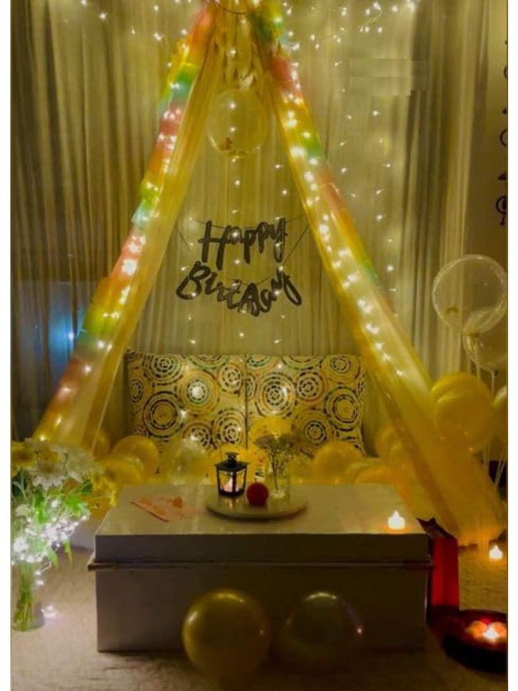     			PartyBooms Happy Birthday Gold Cursive Decoration Item, Yellow Net Curtains, 25 Gold Metallic Balloon Pack of 27