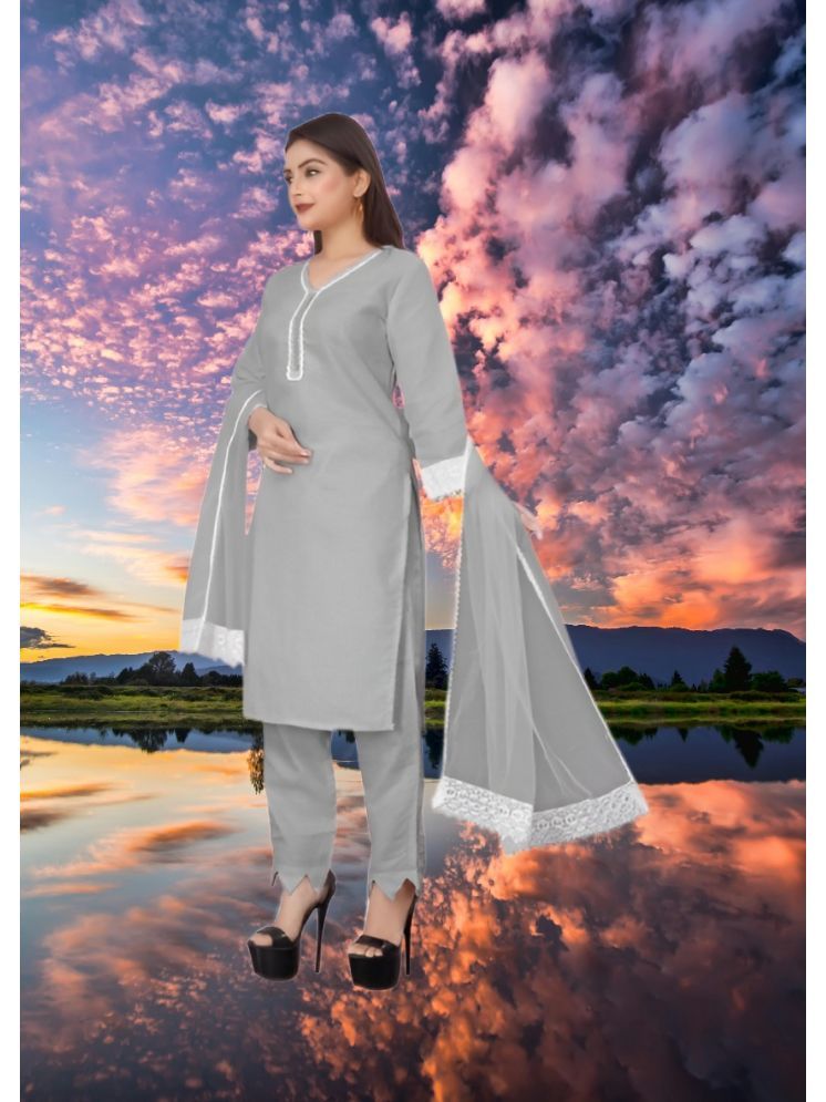     			RUTSH CREATION Cotton Self Design Kurti With Pants Women's Stitched Salwar Suit - Light Grey ( Pack of 1 )