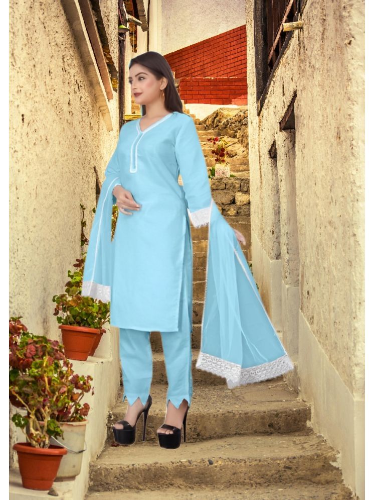     			RUTSH CREATION Cotton Self Design Kurti With Pants Women's Stitched Salwar Suit - Light Blue ( Pack of 1 )