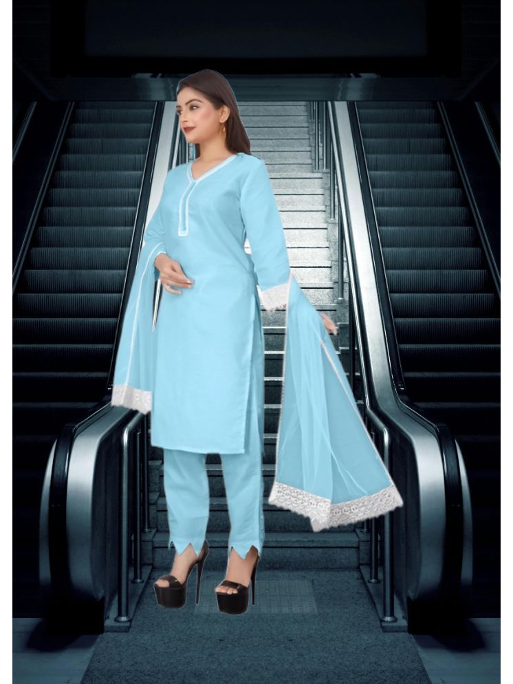     			RUTSH CREATION Cotton Self Design Kurti With Pants Women's Stitched Salwar Suit - Light Blue ( Pack of 1 )