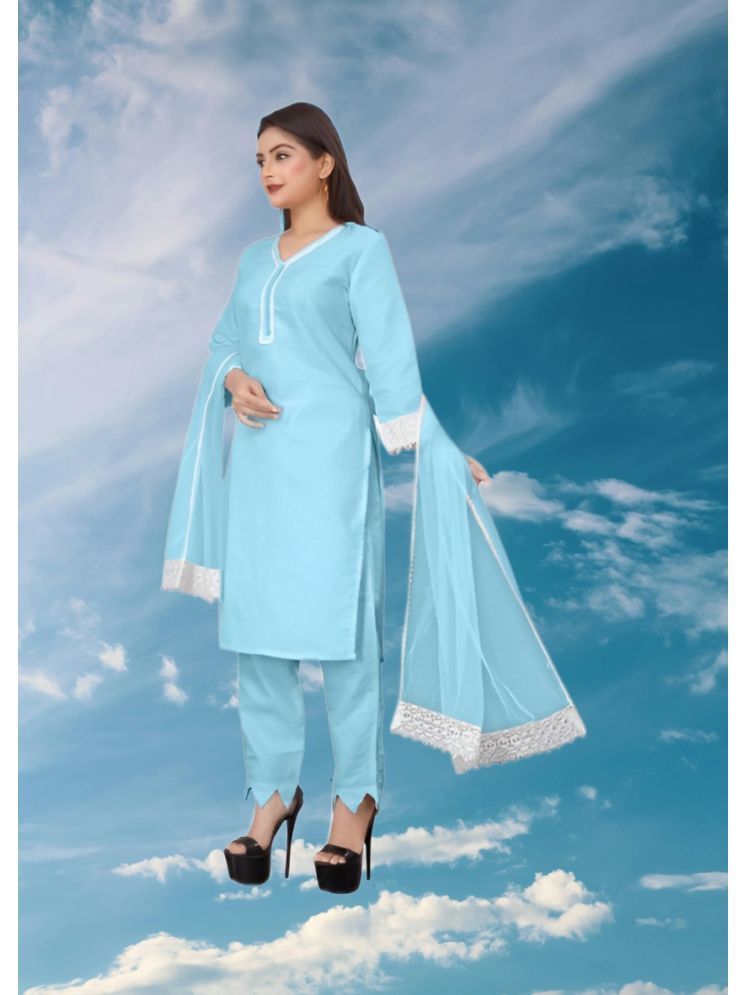     			RUTSH CREATION Cotton Self Design Kurti With Pants Women's Stitched Salwar Suit - Light Blue ( Pack of 1 )