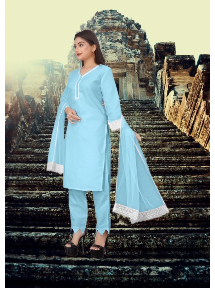     			RUTSH CREATION Cotton Self Design Kurti With Pants Women's Stitched Salwar Suit - Light Blue ( Pack of 1 )