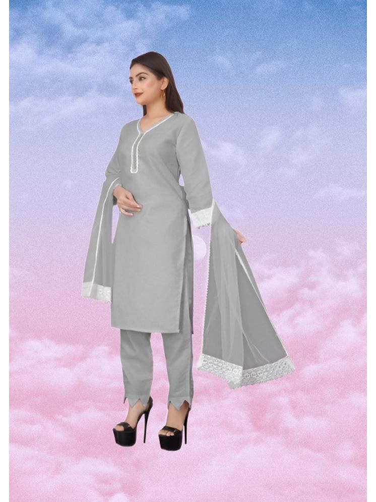     			RUTSH CREATION Cotton Self Design Kurti With Pants Women's Stitched Salwar Suit - Light Grey ( Pack of 1 )