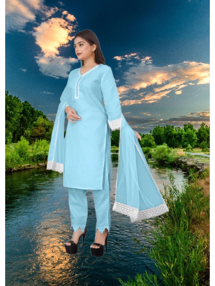     			RUTSH CREATION Cotton Self Design Kurti With Pants Women's Stitched Salwar Suit - Light Blue ( Pack of 1 )