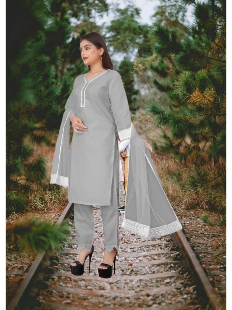     			RUTSH CREATION Cotton Self Design Kurti With Pants Women's Stitched Salwar Suit - Light Grey ( Pack of 1 )