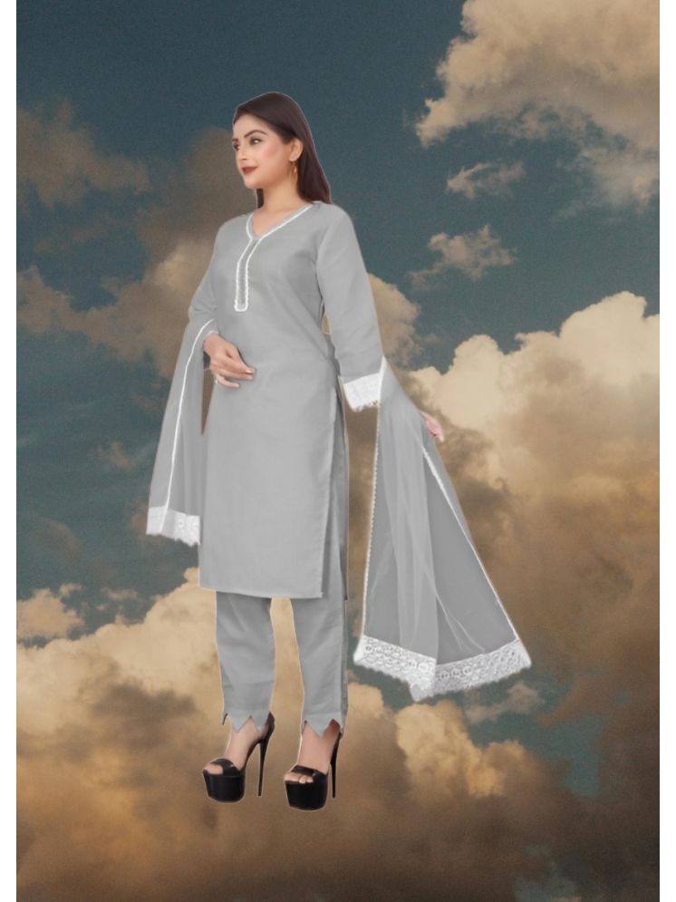     			RUTSH CREATION Cotton Self Design Kurti With Pants Women's Stitched Salwar Suit - Light Grey ( Pack of 1 )