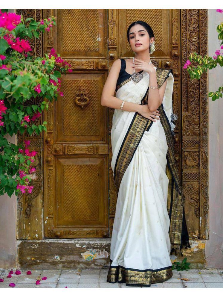     			Sanjana Silk Pack of 1 Silk Blend Self Design Saree With Blouse Piece ( White )