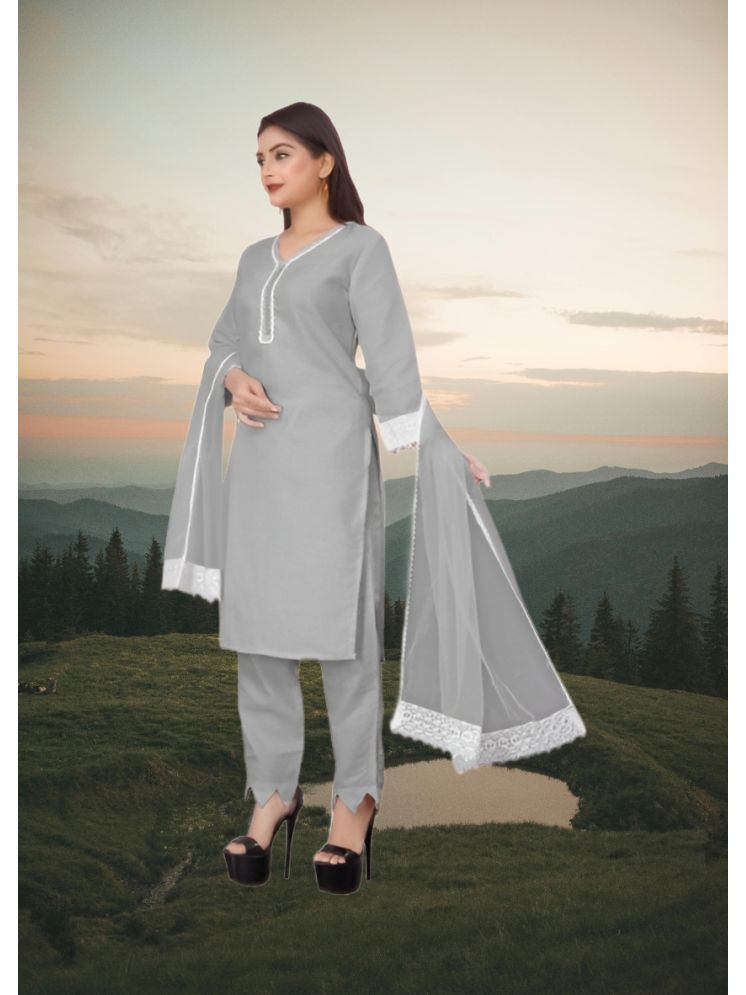     			RUTSH CREATION Cotton Self Design Kurti With Pants Women's Stitched Salwar Suit - Light Grey ( Pack of 1 )