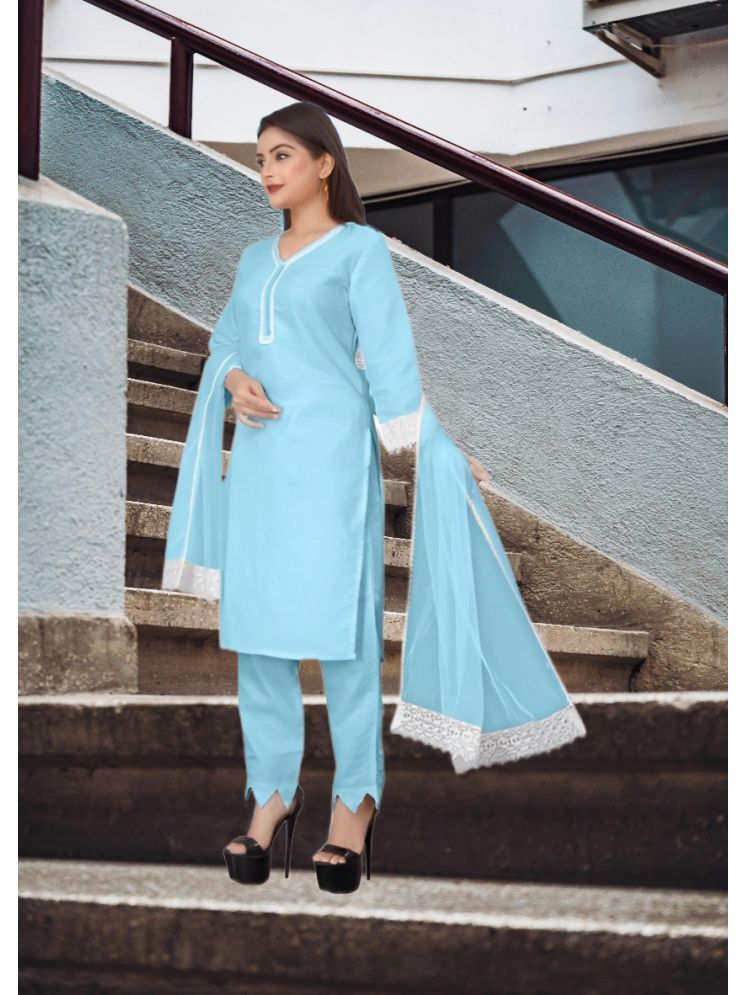     			RUTSH CREATION Cotton Self Design Kurti With Pants Women's Stitched Salwar Suit - Light Blue ( Pack of 1 )