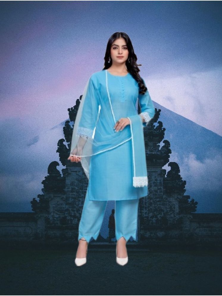     			RUTSH CREATION Cotton Self Design Kurti With Pants Women's Stitched Salwar Suit - Light Blue ( Pack of 1 )