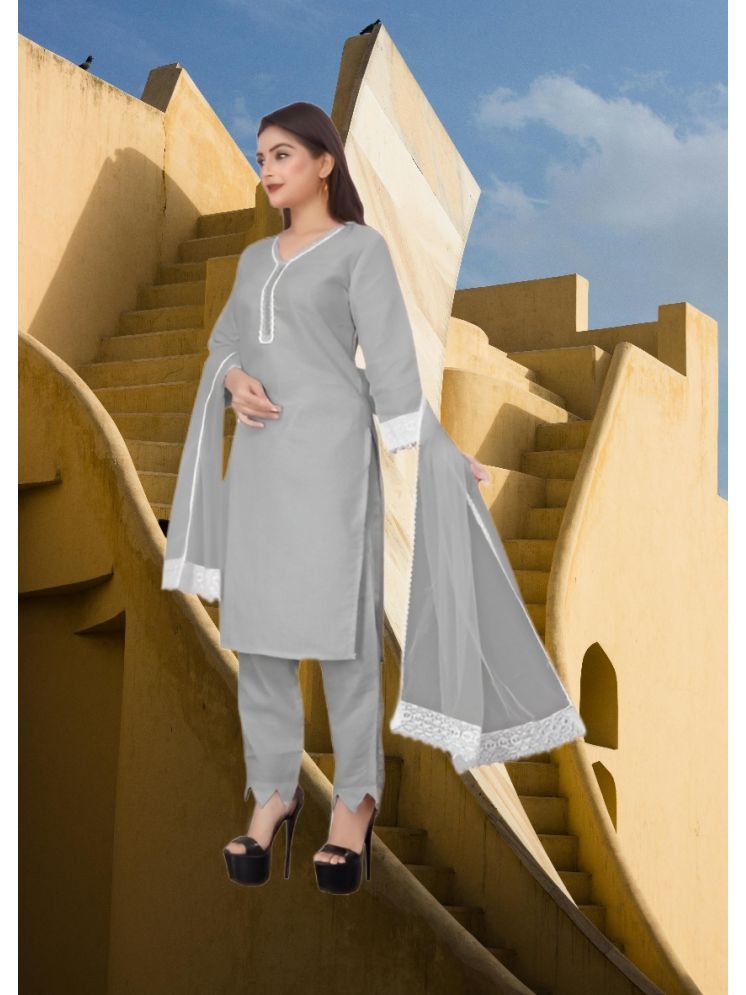     			RUTSH CREATION Cotton Self Design Kurti With Pants Women's Stitched Salwar Suit - Light Grey ( Pack of 1 )