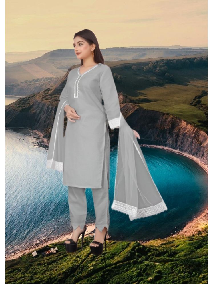     			RUTSH CREATION Cotton Self Design Kurti With Pants Women's Stitched Salwar Suit - Light Grey ( Pack of 1 )