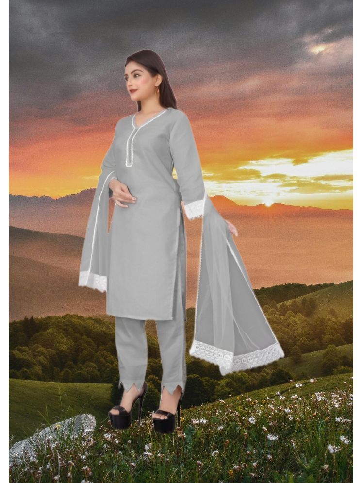     			RUTSH CREATION Cotton Self Design Kurti With Pants Women's Stitched Salwar Suit - Light Grey ( Pack of 1 )