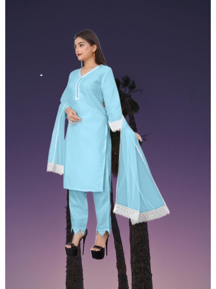     			RUTSH CREATION Cotton Self Design Kurti With Pants Women's Stitched Salwar Suit - Light Blue ( Pack of 1 )