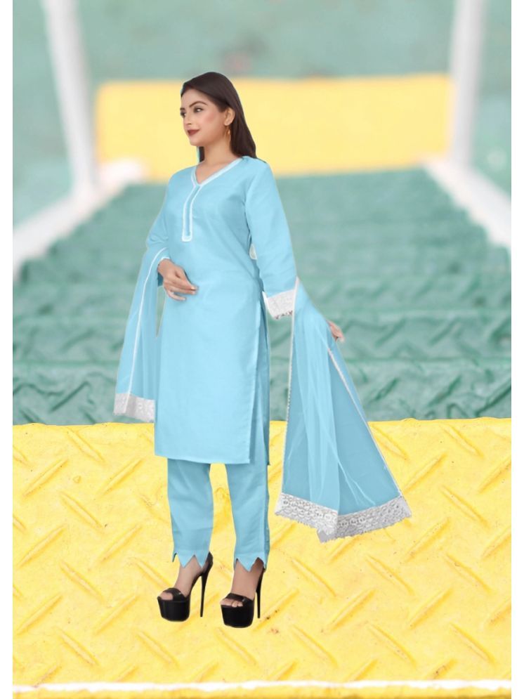     			RUTSH CREATION Cotton Self Design Kurti With Pants Women's Stitched Salwar Suit - Light Blue ( Pack of 1 )