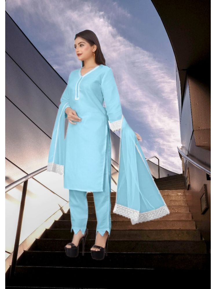     			RUTSH CREATION Cotton Self Design Kurti With Pants Women's Stitched Salwar Suit - Light Blue ( Pack of 1 )