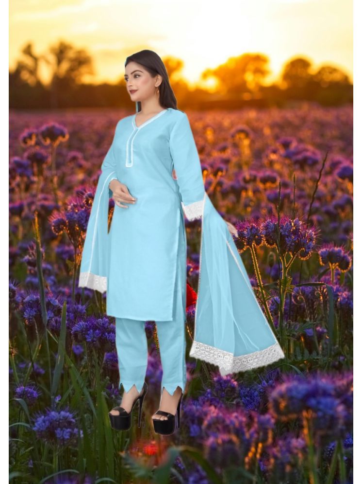     			RUTSH CREATION Cotton Self Design Kurti With Pants Women's Stitched Salwar Suit - Light Blue ( Pack of 1 )