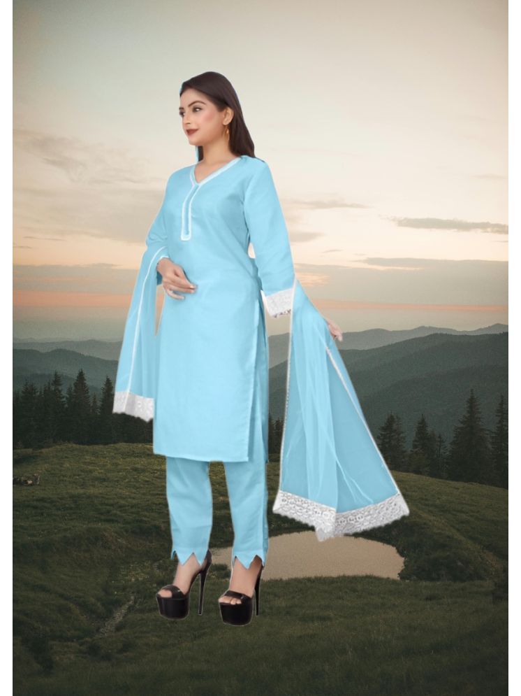     			RUTSH CREATION Cotton Self Design Kurti With Pants Women's Stitched Salwar Suit - Light Blue ( Pack of 1 )