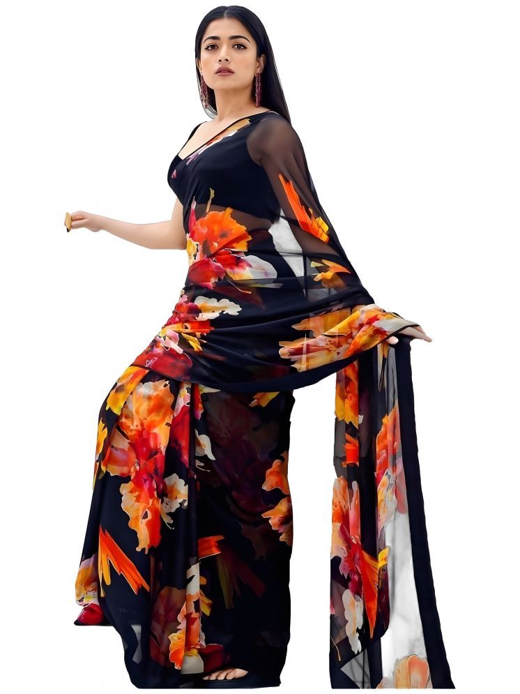     			Sidhidata Pack of 1 Georgette Printed Saree With Blouse Piece ( Black )