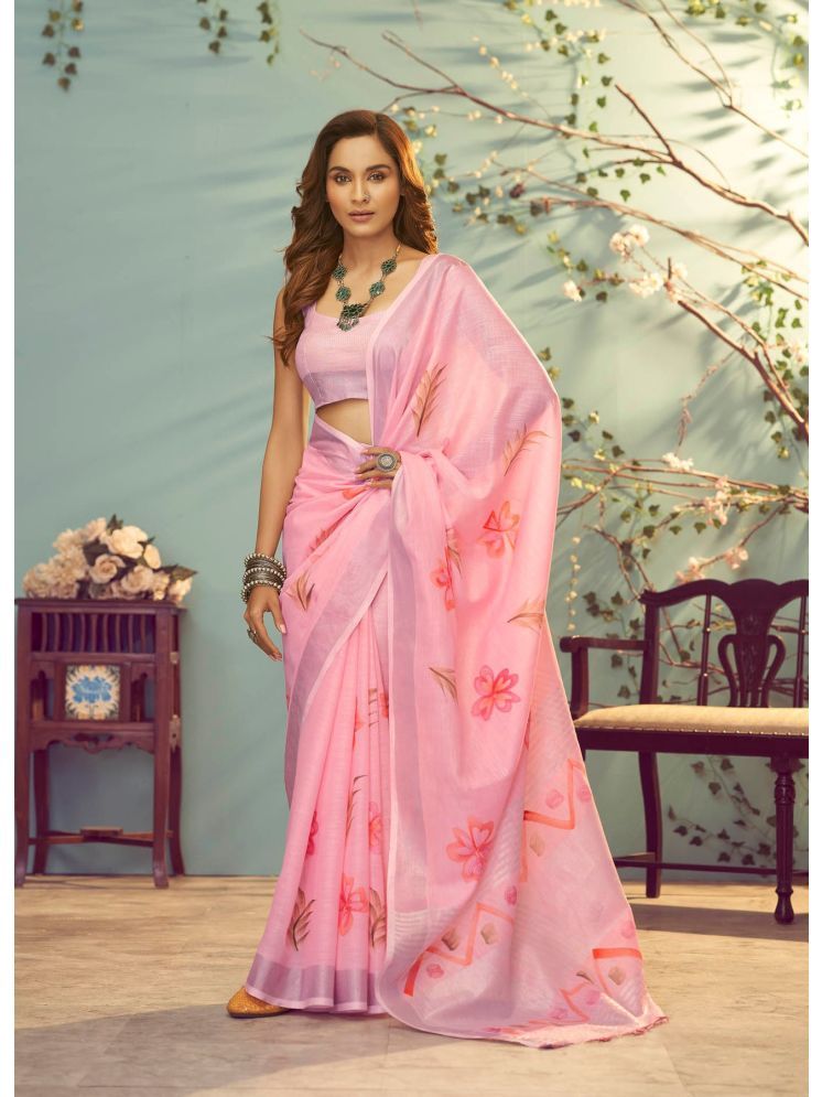     			Sidhidata Pack of 1 Linen Printed Saree With Blouse Piece ( Pink )