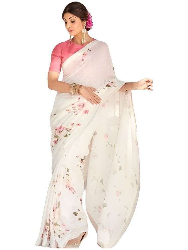     			Sidhidata Pack of 1 Linen Printed Saree With Blouse Piece ( White )