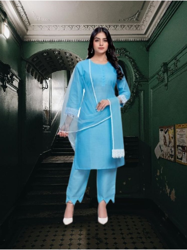     			RUTSH CREATION Cotton Self Design Kurti With Pants Women's Stitched Salwar Suit - Light Blue ( Pack of 1 )