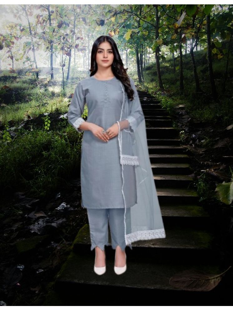     			RUTSH CREATION Cotton Self Design Kurti With Pants Women's Stitched Salwar Suit - Light Grey ( Pack of 1 )