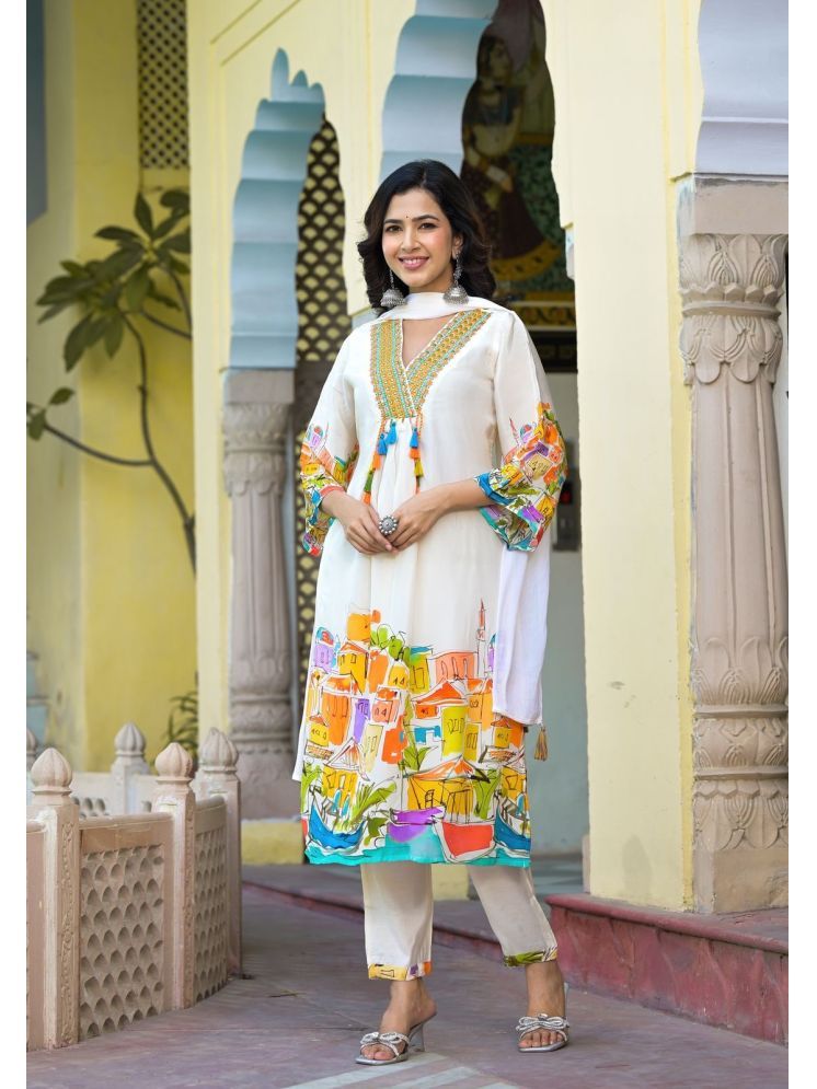     			Devakii Cotton Printed Kurti With Pants Women's Stitched Salwar Suit - Off White ( Pack of 1 )