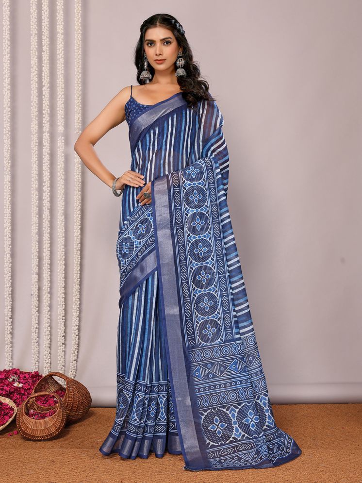     			Janasya Pack of 1 Cotton Blend Striped Saree With Blouse Piece ( Blue )