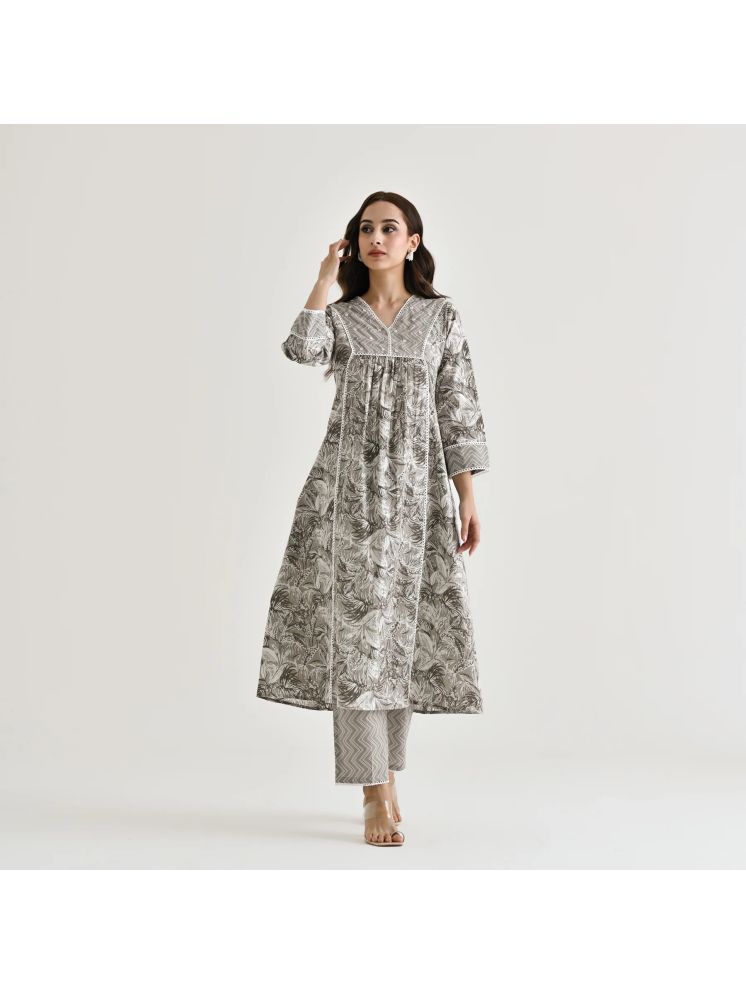     			Sanjana Silks Cotton Printed Kurti With Pants Women's Stitched Salwar Suit - Grey ( Pack of 1 )