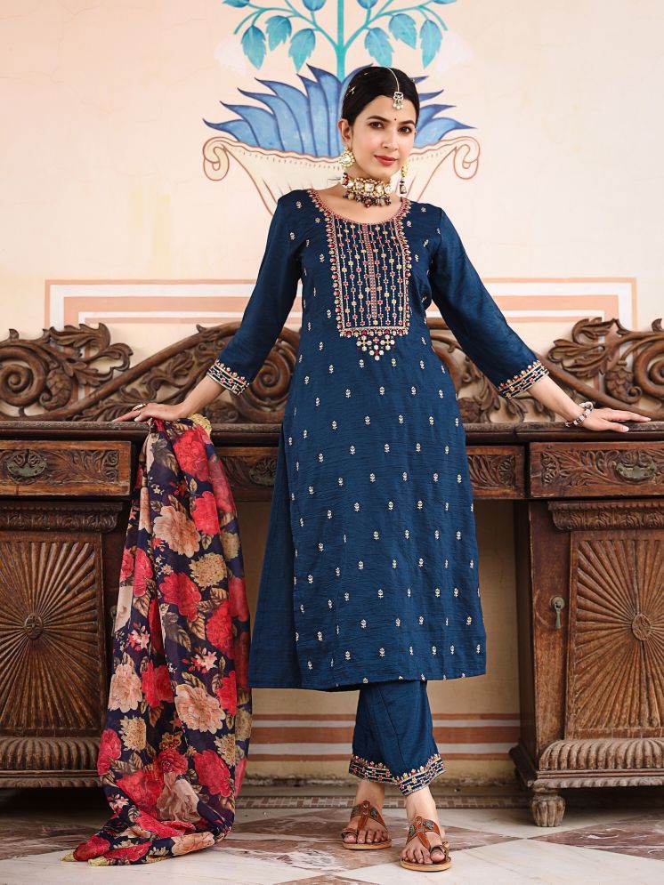     			AMIRA'S INDIAN ETHNICWEAR Silk Embroidered Kurti With Pants Women's Stitched Salwar Suit - Blue ( Pack of 3 )