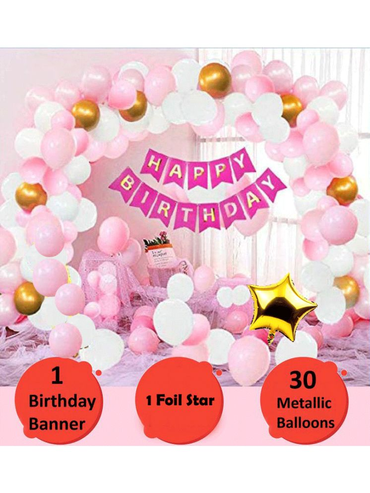     			Happy Birthday Banner (Pink)+ 30 Metallic Balloons (Pink, White, Gold) + Number 1 Foil Balloons (Gold) for happy birthday decoration item, birthday decoration kit, birthday decoration combo for Boys, Girls, Kids, husband and Wife.