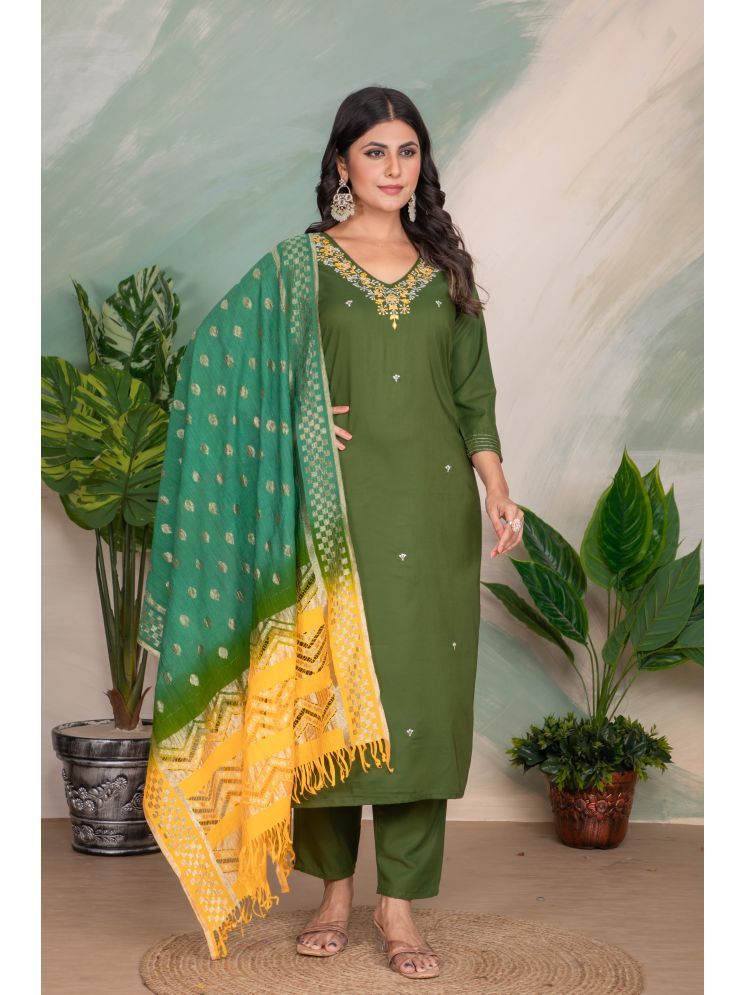     			Sitanjali Silk Blend Embroidered Kurti With Pants Women's Stitched Salwar Suit - Yellow,Green ( Pack of 1 )