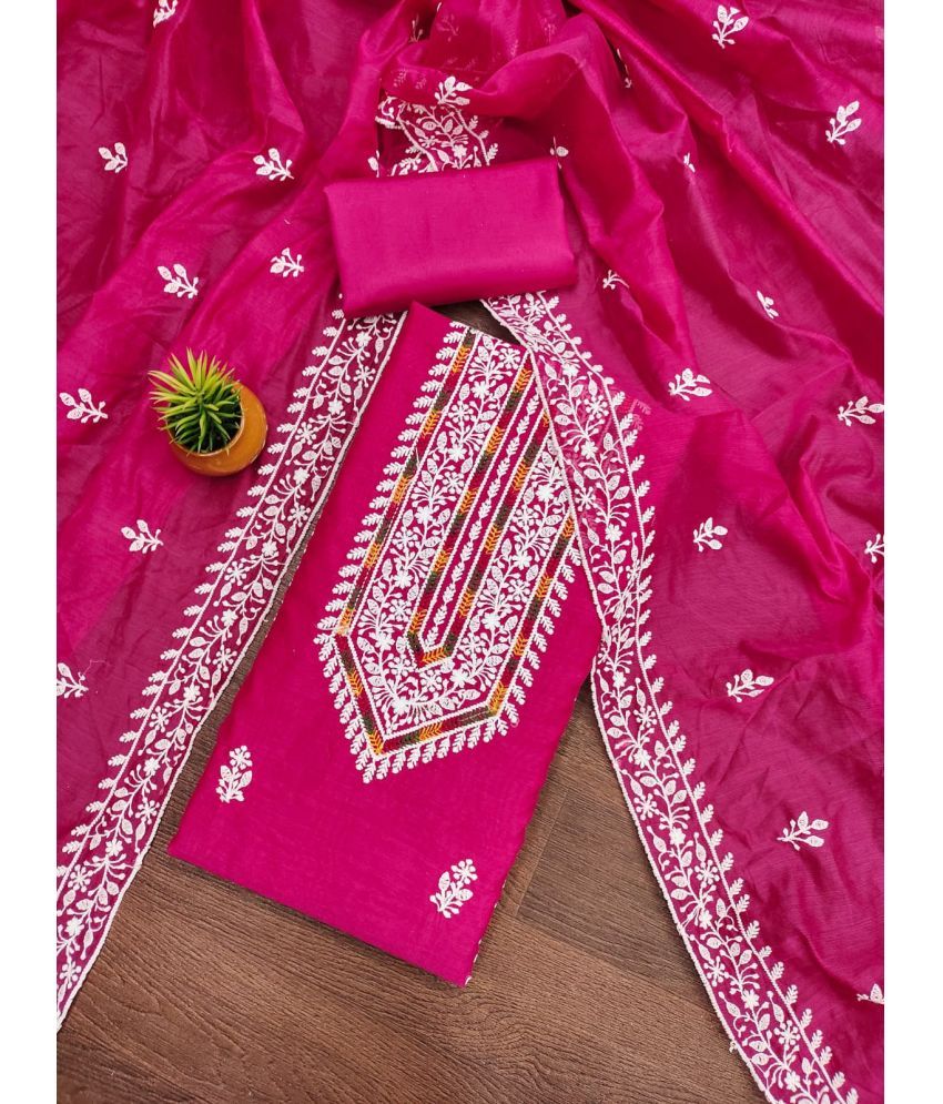     			ALSHOP Unstitched Chanderi Embroidered Dress Material - Fluorescent Pink ( Pack of 1 )