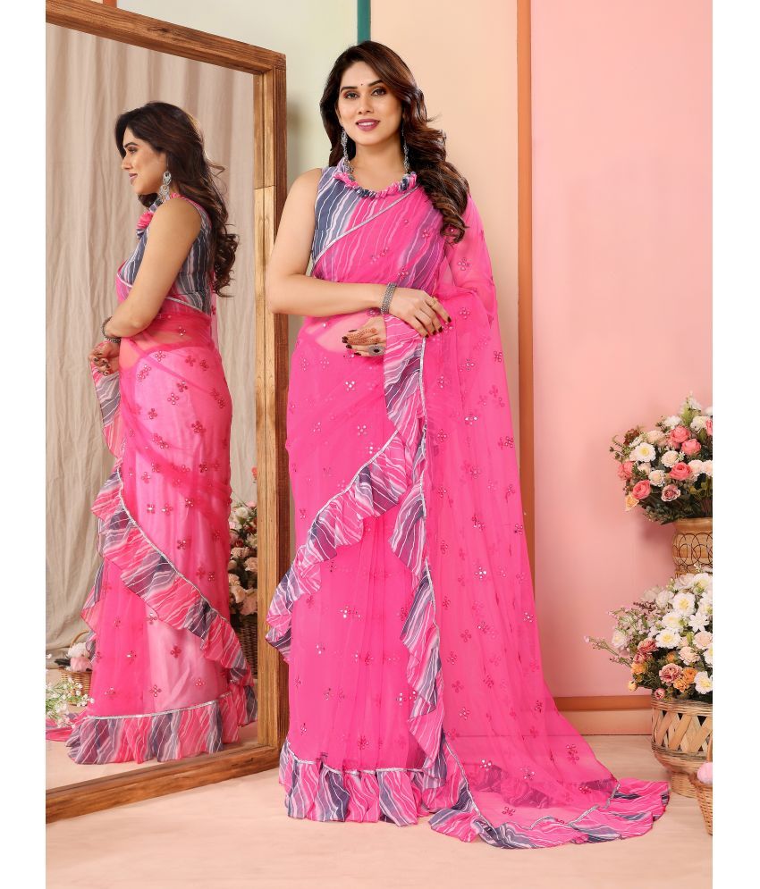     			Fashionfricks Pack of 1 Net Embellished Saree With Blouse Piece ( Pink )