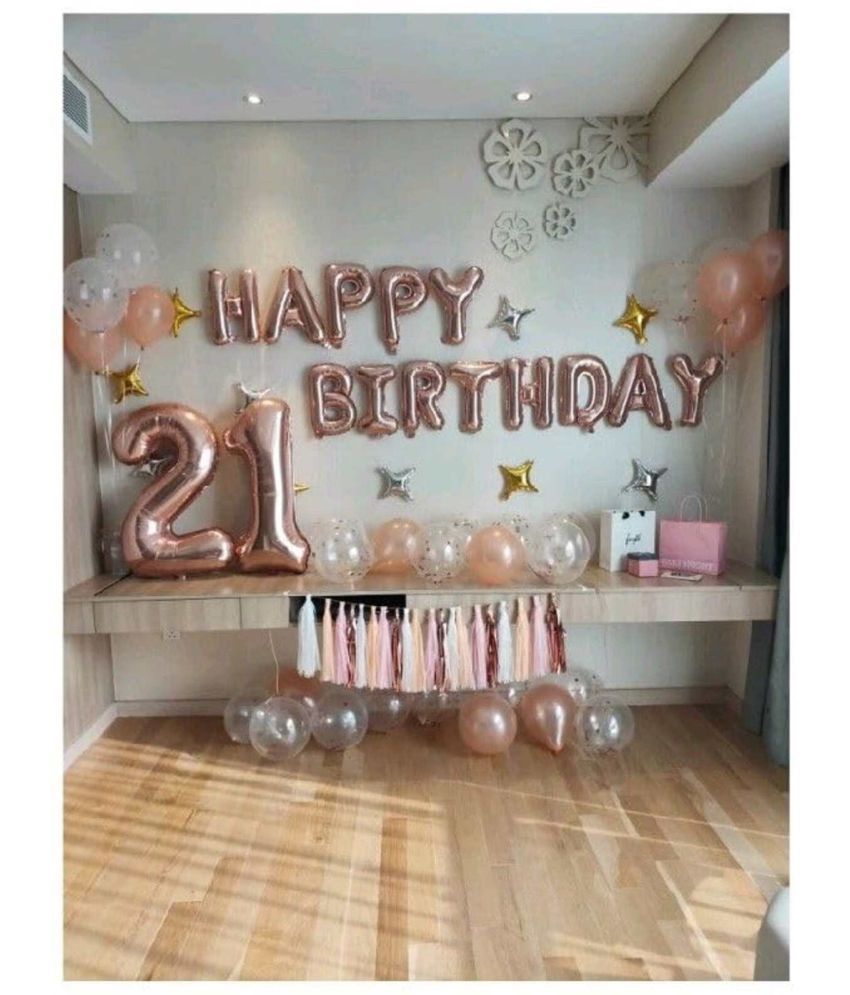     			PartyBooms Happy Birthday Rosegold Decoration Item, 3 Gold & 3 Silver, 5 Confetti Balloon, 15 Rosegold & 15 White Metallic Balloon Pack of 42