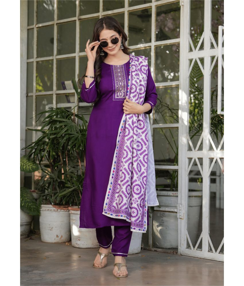     			Sitaram Designer Rayon Embellished Kurti With Pants Women's Stitched Salwar Suit - Purple ( Pack of 1 )